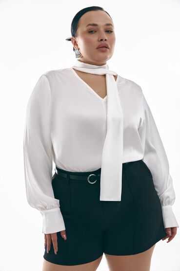 Blouse with a V-neckline and tie artificial silk milky plus size 