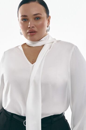 Blouse with a V-neckline and tie artificial silk milky plus size  #2