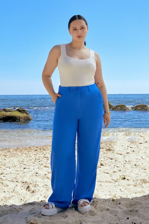 Electric blue straight linen trousers