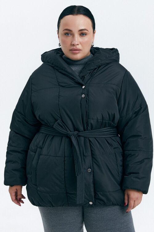 Jacket with hood and belt raincoat fabric black plus size