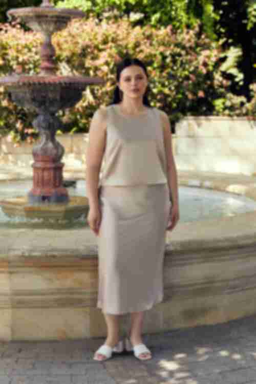 Beige satin midi skirt plus size