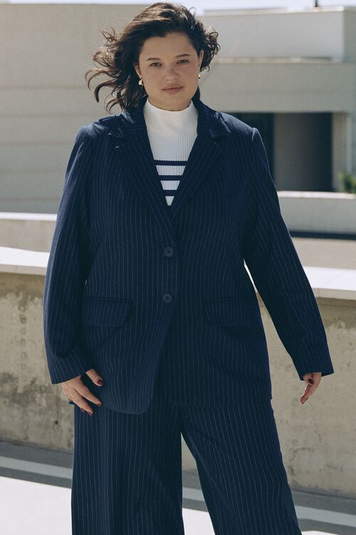 Blue jacket in white stripes made of suiting fabric plus size