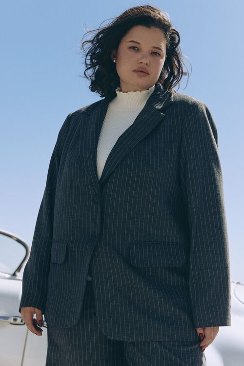 Gray jacket in white stripes made of suiting fabric plus size