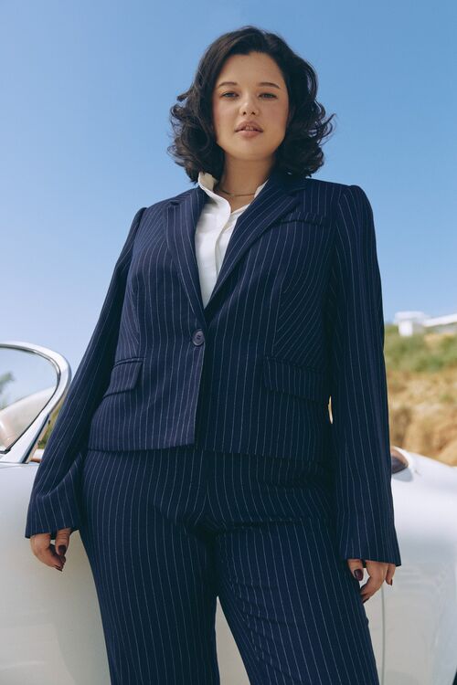 Blue cropped jacket in white stripes made of suiting fabric plus size