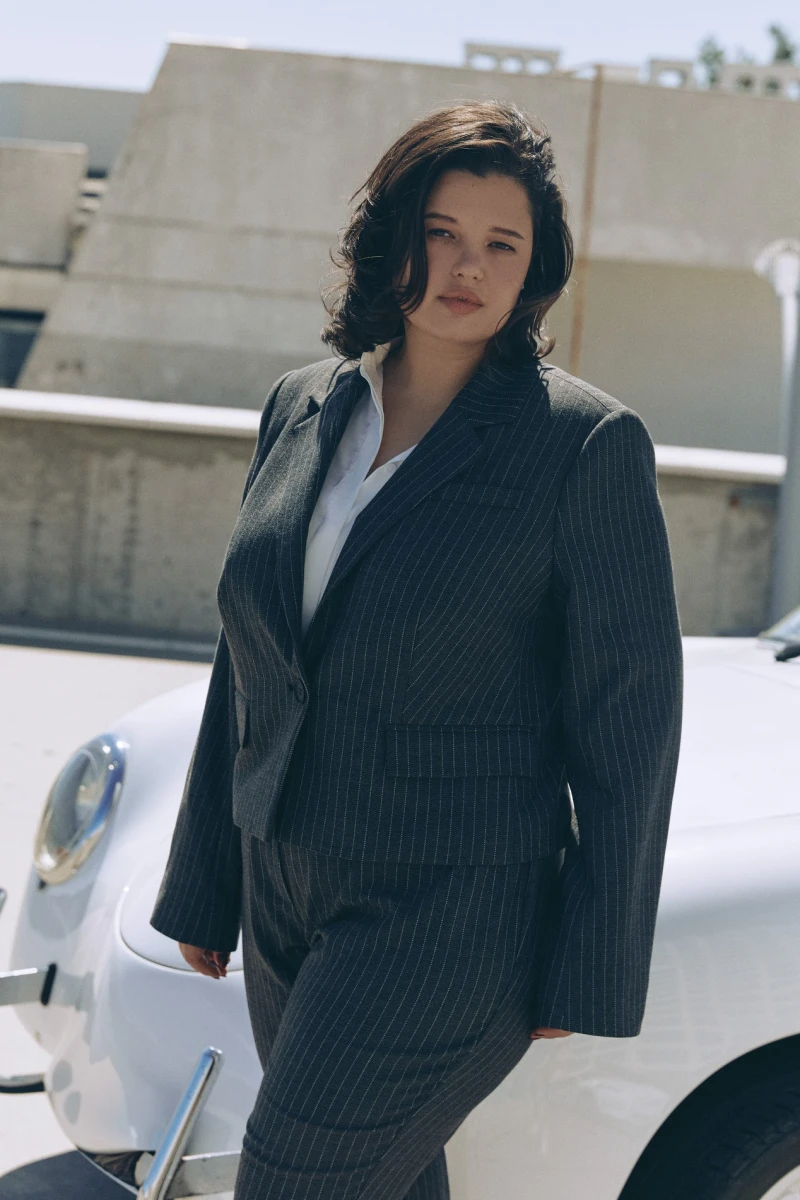 Gray cropped jacket in white stripes made of suiting fabric plus size