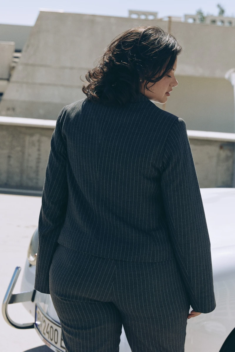 Gray cropped jacket in white stripes made of suiting fabric plus size