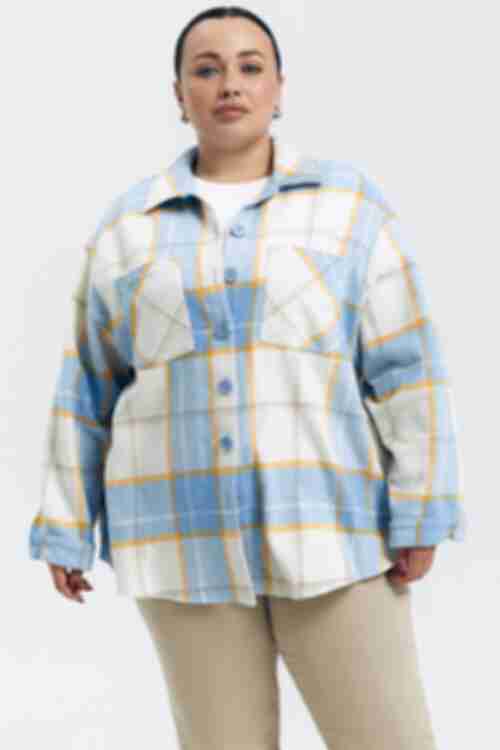 Oversized yellow check shirt on blue and milk plus size