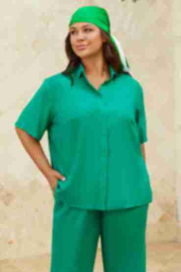 Рубашка с коротким рукавом эко лен зеленая большой размер