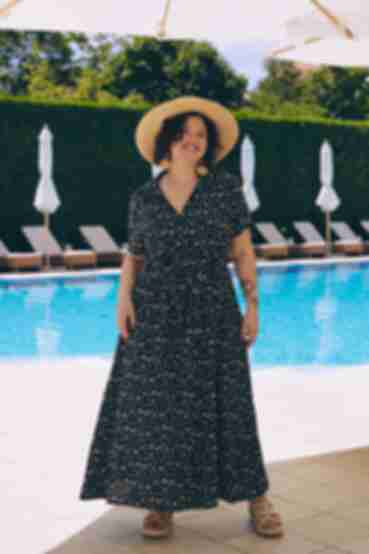 Сукня-сорочка міді штапель молочні листочки на чорному велекий розмір