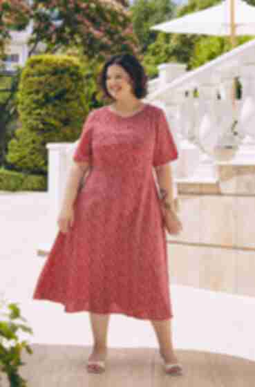 Сукня з спідницею трапеція міді софт дрібноцвіт на червоному великий розмір
