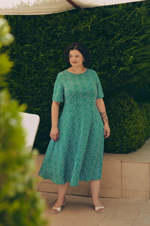 Dress with a trapeze skirt midi soft floral on green large size | VOVK