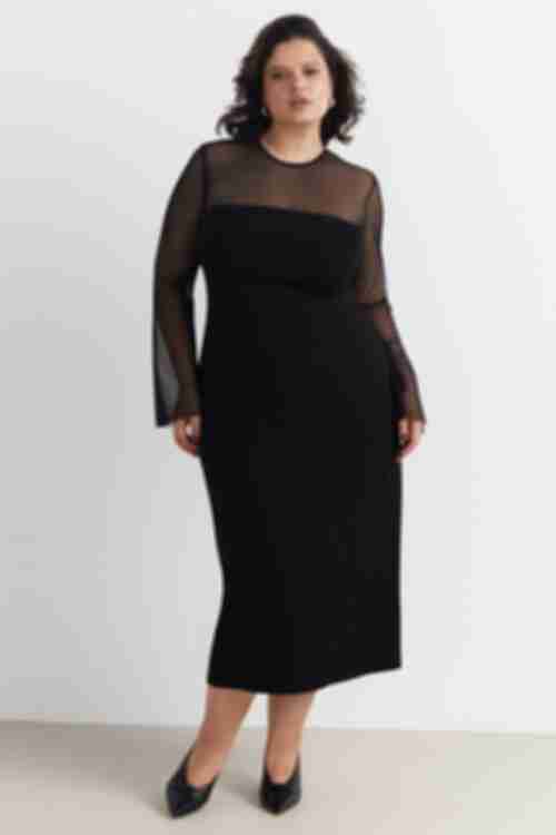 Sheath dress with transparent insert midi costume fabric black plus size