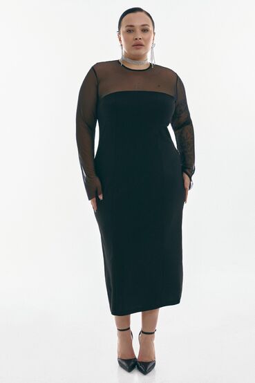 Sheath dress with transparent insert midi costume fabric black plus size