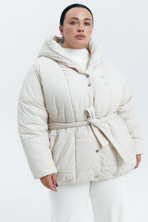 Jacket with hood and belt cream raincoat fabric  plus size