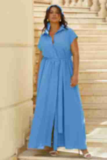 Сукня-сорочка з коротким рукавом максі софт блакитна великий розмір