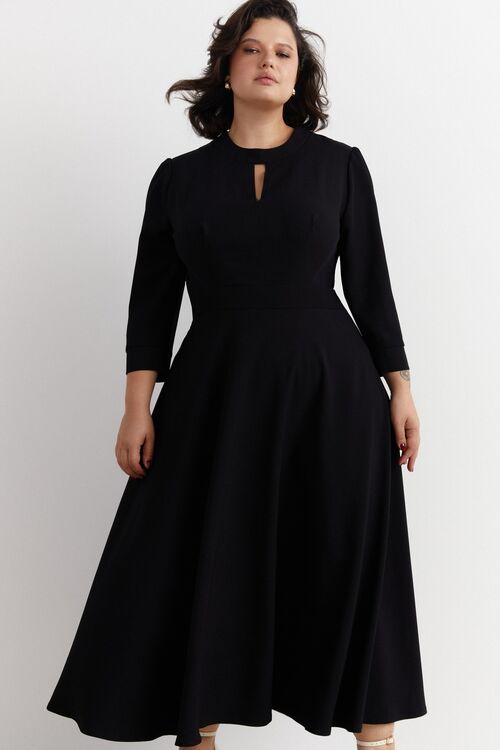 Midi dress with a darted belt suit fabric black plus size