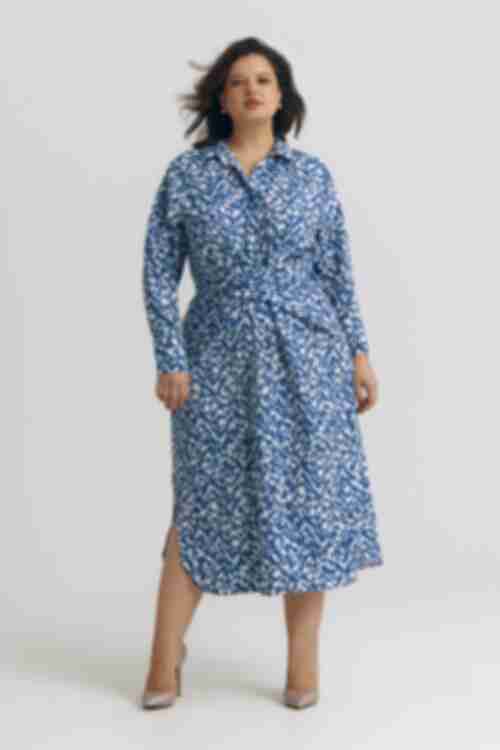 Shirt dress midi soft soft print milk leopard on blue plus size