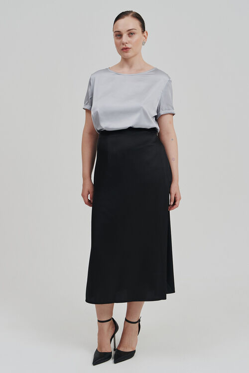 Black midi A-line skirt made of artificial silk plus size