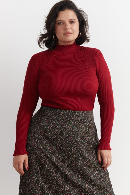 Knitted golf with openwork edge red  plus size