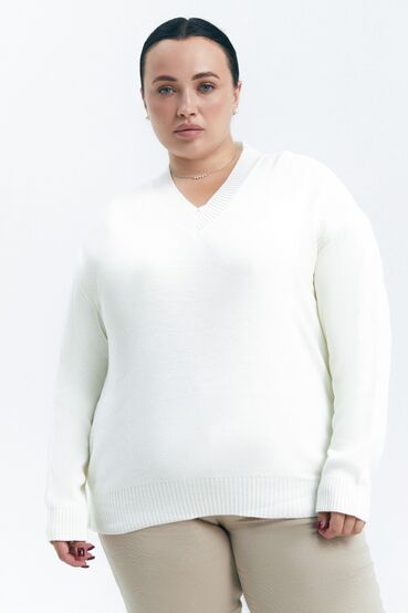 V-neck knit sweater light white plus size #2