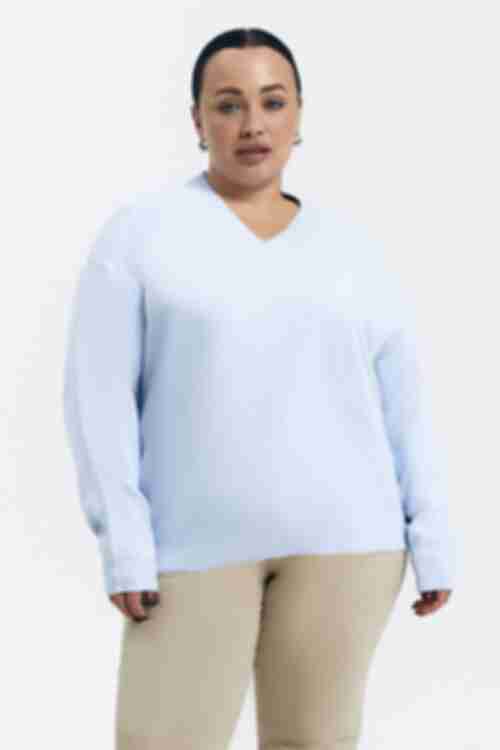 V-neck knit sweater light blue plus size