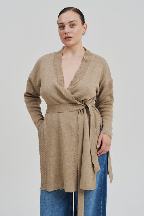 Long beige knitted cardigan with slits plus size