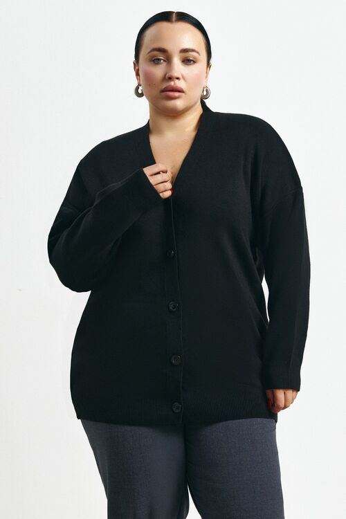 Long black knitted cardigan with slits plus size