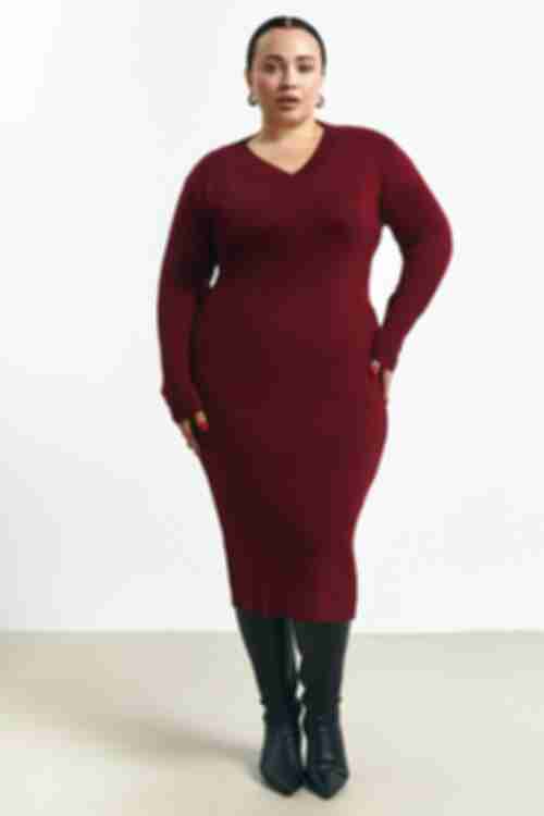 Midi burgundy knitted semi-fitted dress plus size