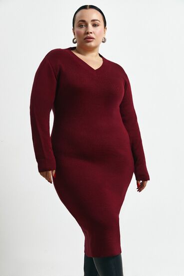 Midi burgundy knitted semi-fitted dress plus size #2