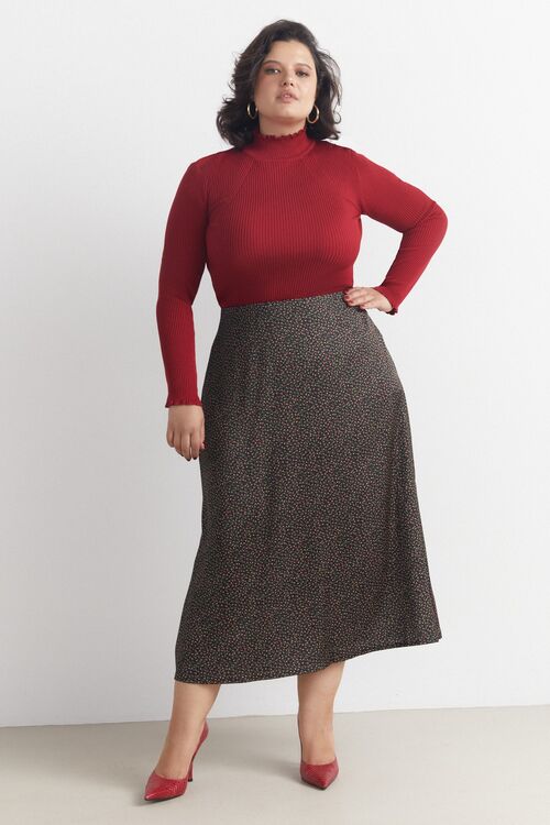 Trapeze skirt midi faux silk red floral on black plus size 