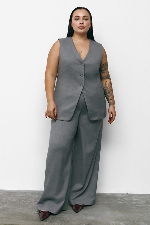 Straight trousers with belt and buttons gray suit fabric plus size