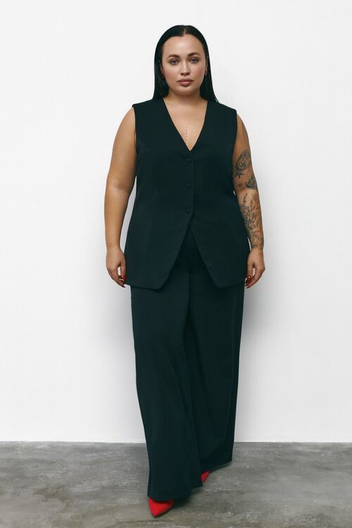 Straight trousers with belt and buttons black suit fabric plus size