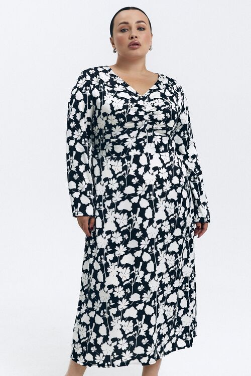 Midi dress faux silk print milk flowers on black plus size