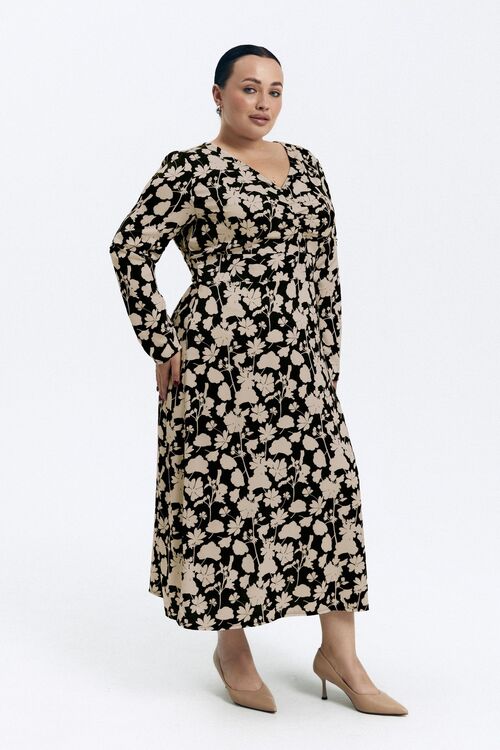 Midi dress faux silk print beige flowers on black plus size