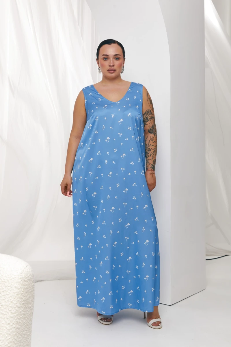 Light blue maxi slip dress with a round neckline made of artificial silk in white bouquets plus size #2