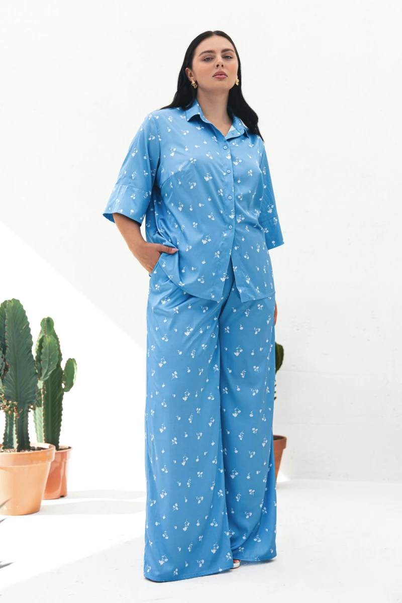 Suit shortened shirt and straight pants artificial silk white bouquets on blue plus size