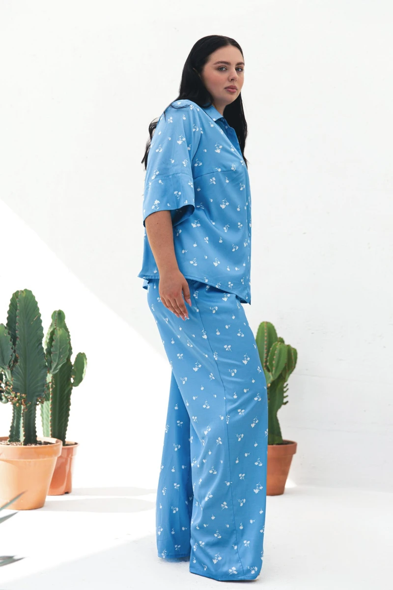Suit shortened shirt and straight pants artificial silk white bouquets on blue plus size #2