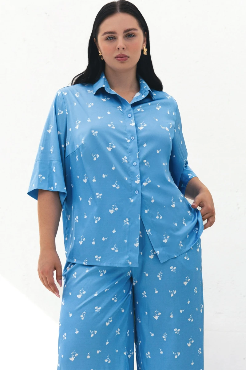 Suit shortened shirt and straight pants artificial silk white bouquets on blue plus size