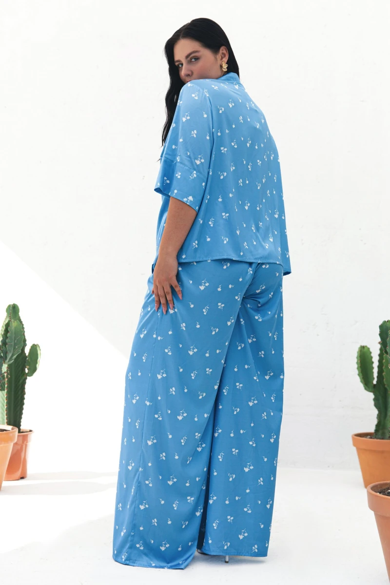 Suit shortened shirt and straight pants artificial silk white bouquets on blue plus size
