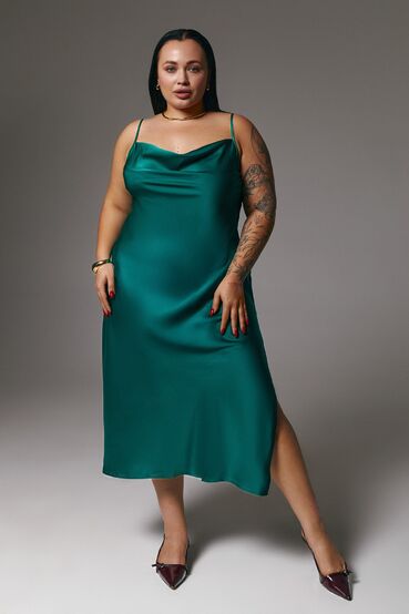 Emerald midi dress with a slit faux silk dress plus size