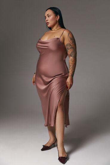 Midi dress-combination with slit faux silk latte plus size #2