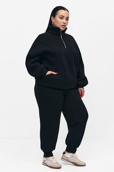 Oversized sweatshirt suit with a zipper and trousers with a pile of knitwear black plus size #2