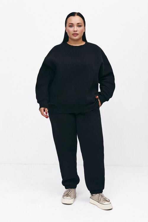 Suit oversized sweatshirt with a zipper and trousers knitted with a pile of black plus size