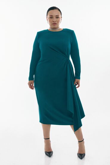 Midi dress with drapery and detachable element emerald costume fabric plus size