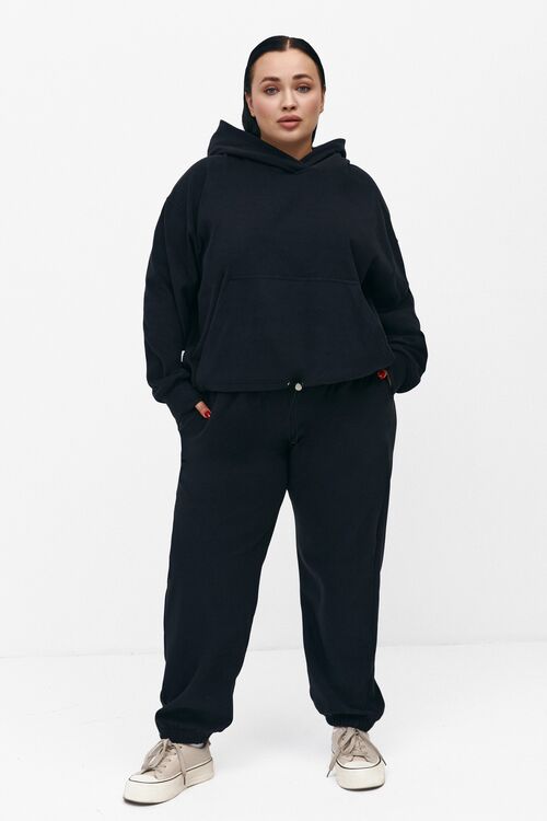 Hoodie suit and trousers knitted microfleece black plus size