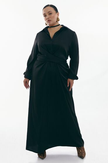 Maxi shirt dress faux silk black plus size