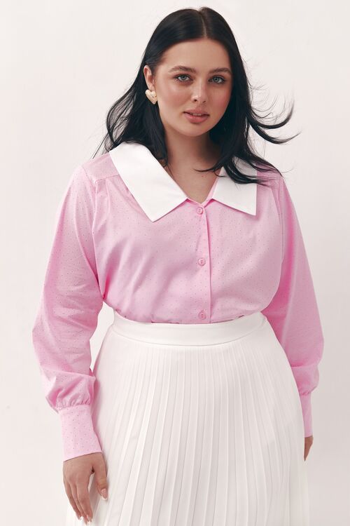 Blouse with a collar cotton print stripes in the pink plus size