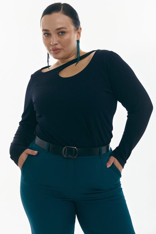 Long sleeve with asymmetrical neckline knit navy blue plus size