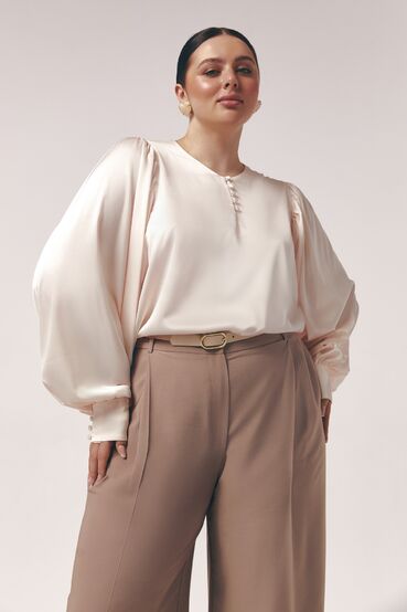 Blouse with gathering on the sleeves faux silk ivory plus size