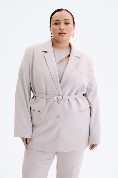 Single-breasted jacket with a belt suit fabric gray plus size